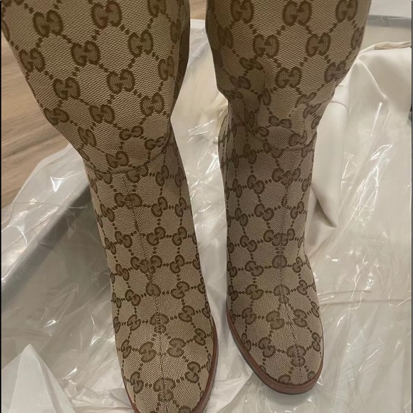 GUCCI Monogram Lisa Mid Heel Boots 38.5 Beige - Picture 7 of 10